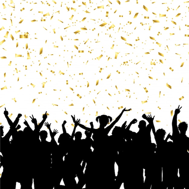 Party crowd on gold confetti background 