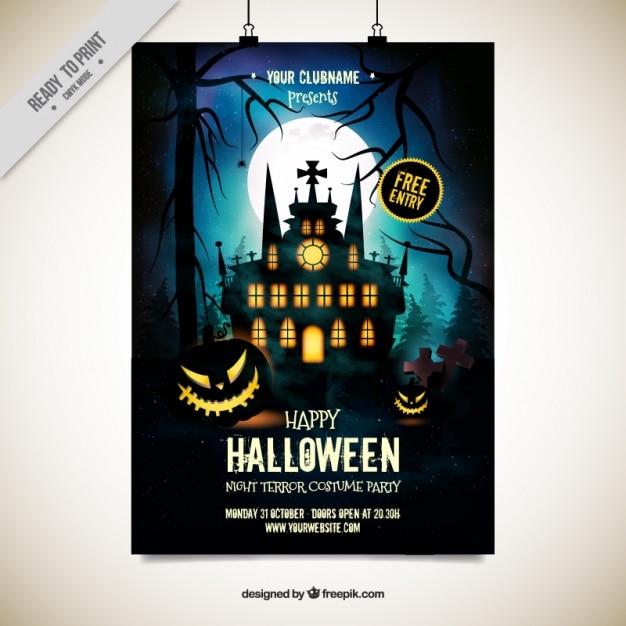 Party poster with a enchanted castle for halloween