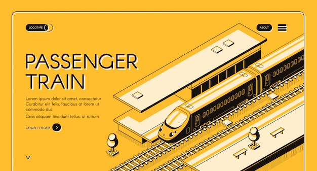 Free Vector passenger train isometric web banner. high-speed express train on railroad station