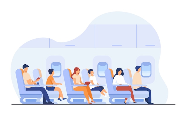 Passengers traveling by plane isolated flat vector illustration. Cartoon characters on airplane or aircraft board.