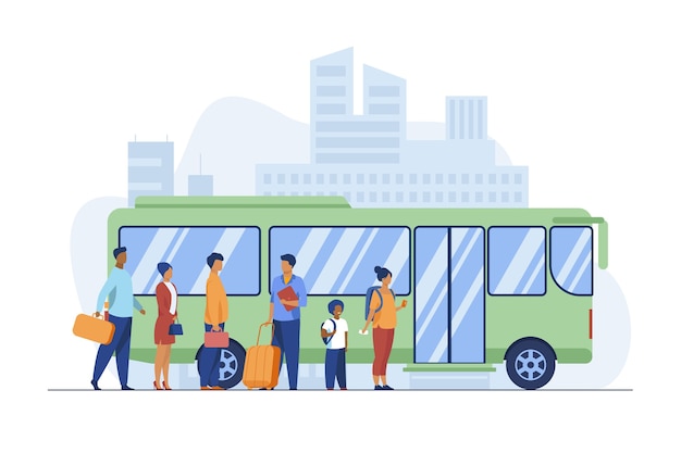 Passengers waiting for bus in city. Queue, town, road flat vector illustration. Public transport and urban lifestyle