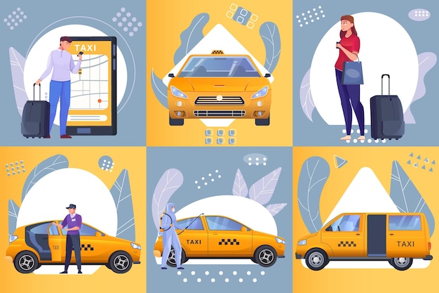 Free Vector passengers and yellow taxi cars on yellow and gray flat illustration