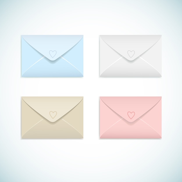 Pastel colors flat closed envelopes with hearts set