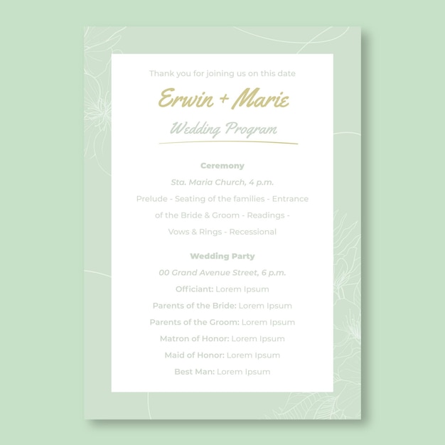 Pastel green wedding program invitation