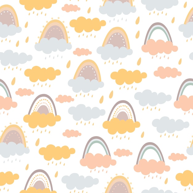 pastel seamless pattern of rainbow and clouds