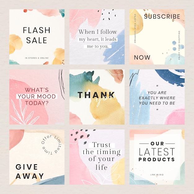 Pastel watercolor Memphis social template set