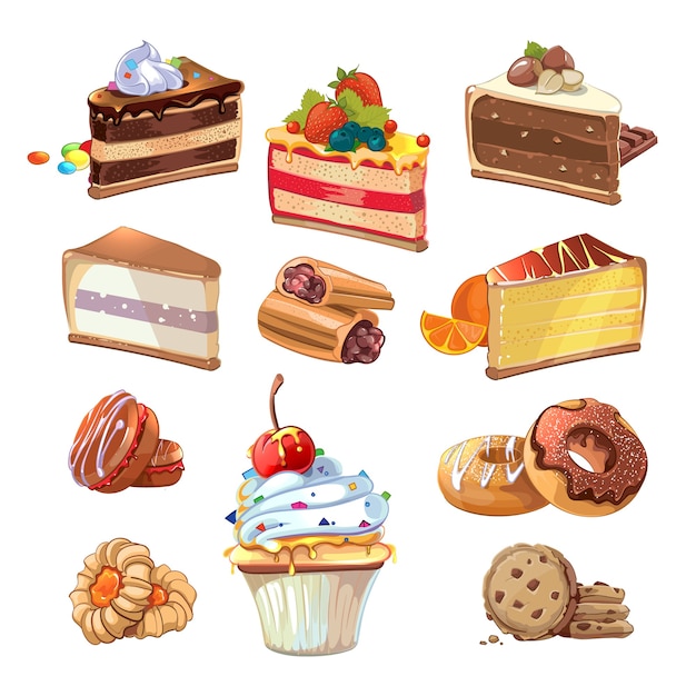 Free Vector pastry set in cartoon style. food cake, sweet bakery, tasty snack with cream, vector illustration