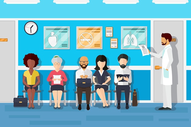 Patients in doctors waiting room. Patient and doctor, patient in hospital, office interior clinic, waiting patient. illustration