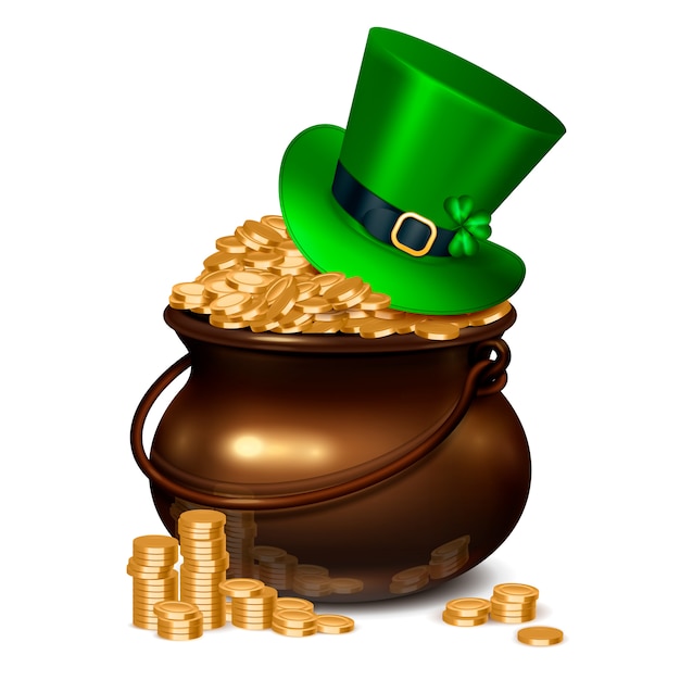 Patricks day realistic composition including pot full of gold coins covered with emerald hat decorated with shamrock and buckle  illustration