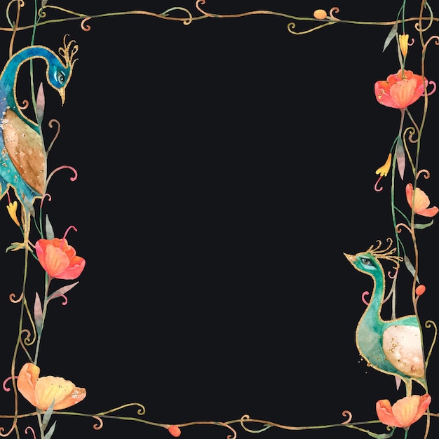 Free Vector pattern frame with watercolor flower and peacock on black background