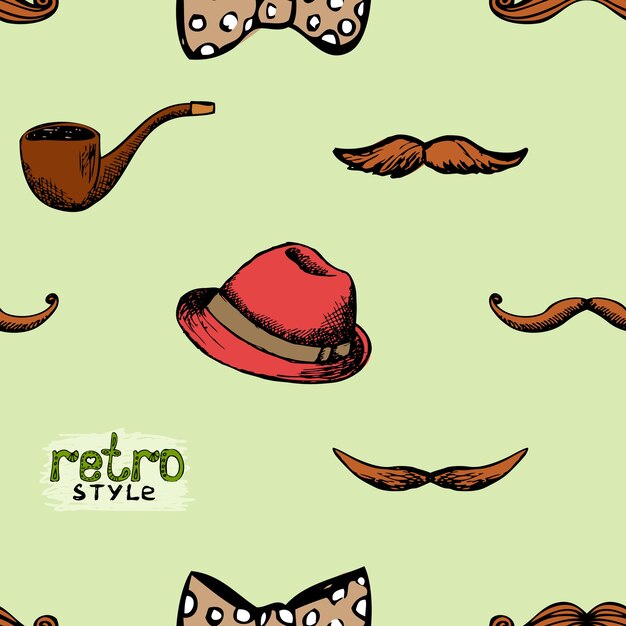 Pattern retro style hat and mustache. Seamless background hipster style. 