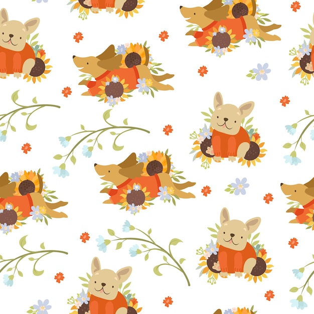 Free vector pattern with cheerful dogs in sunflowers