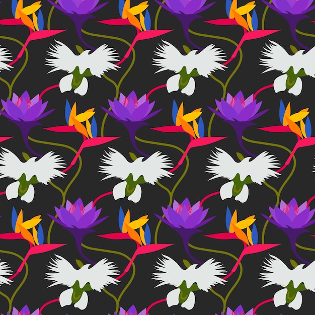 Free Vector pattern with colourful tropical flowers and leaves