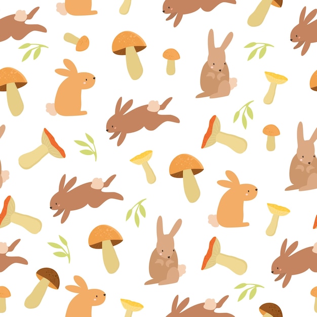 Pattern with cute bunnies and mushrooms