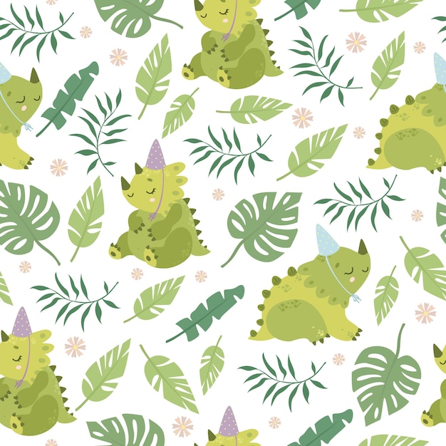 Pattern with dinosaurs and palm leaves