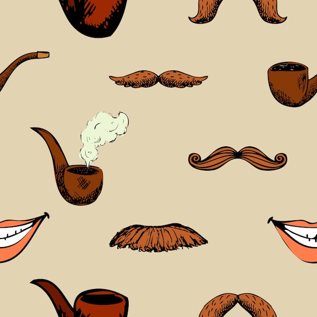 Pattern with mustache and pipe. Hipster decoration seamless background. 