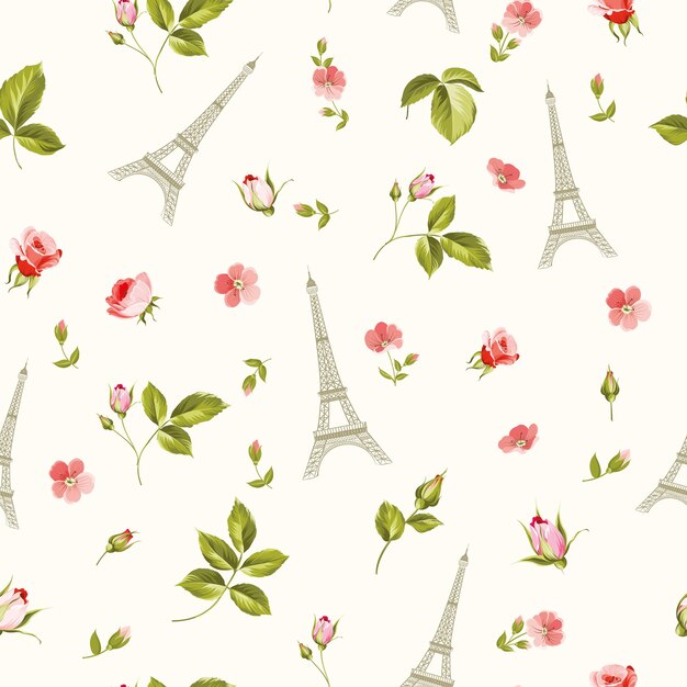 Pattern with red flowers leaves and eiffel tower.