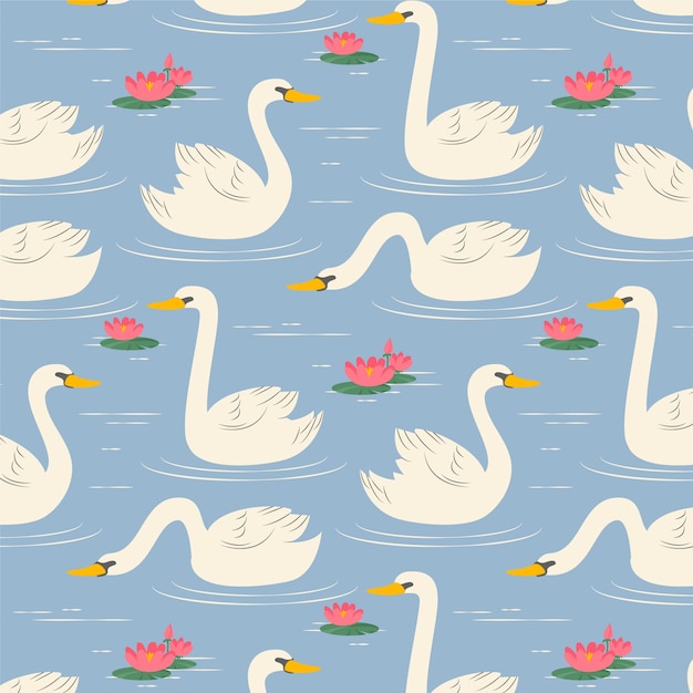 Pattern with white swan and water lily flowers