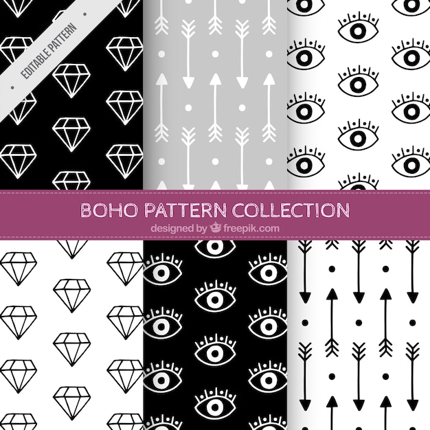 Patterns of drawings set in boho style