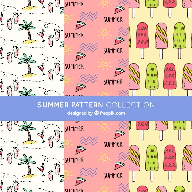 Patterns of hand drawn summer elements