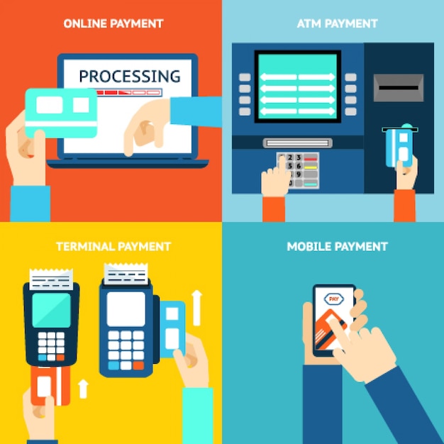 Free Vector payment methods. business and buy, flat design and money. credit card, cash, mobile app and atm terminal. vector illustration