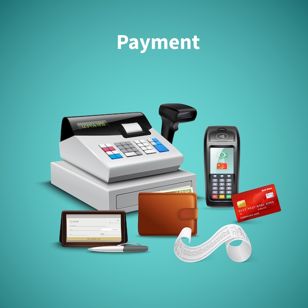 Payment processing on pos terminal wallet with money cash register  realistic composition on turquoise