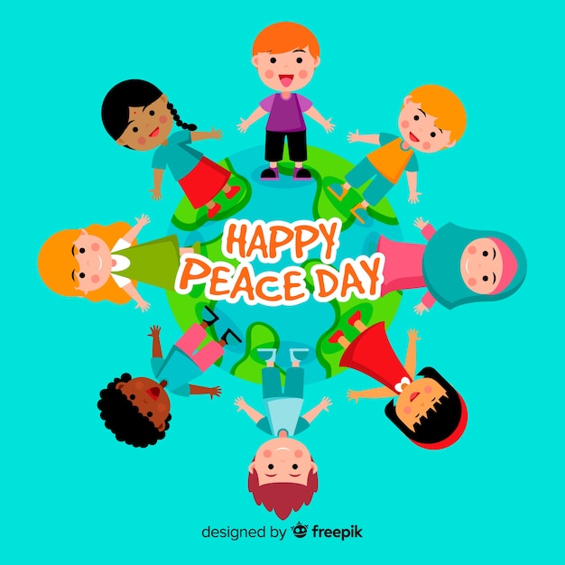 Peace day background with kids holding hands around globe