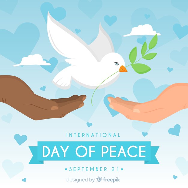 Peace day background with white dove and hands