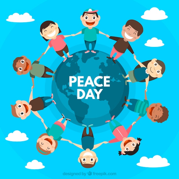 Free vector peace day composition with children holding hands around the world