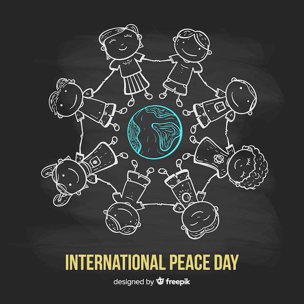 Free vector peace day composition with children holding hands around the world