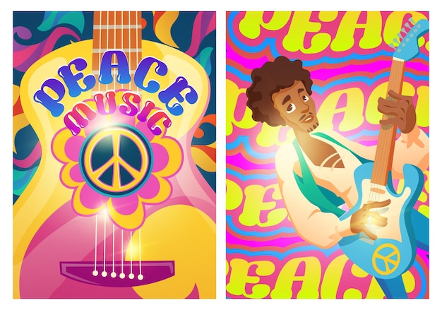 Peace music posters with hippie sign and man with guitar woodstock