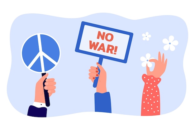 Free Vector peace symbol, flower, placard with no war phrase in hands