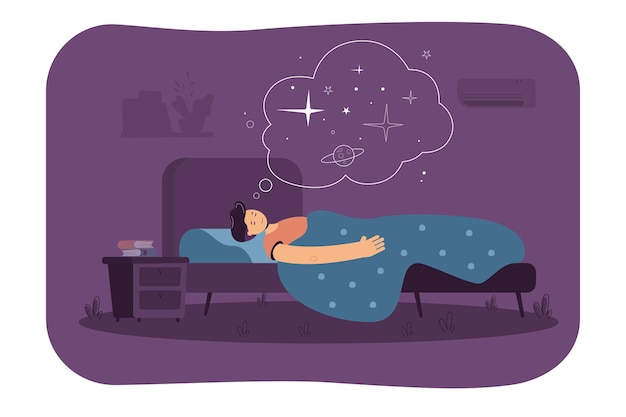 Peaceful man sleeping in bedroom, resting in bed, dreaming space. Cartoon illustration