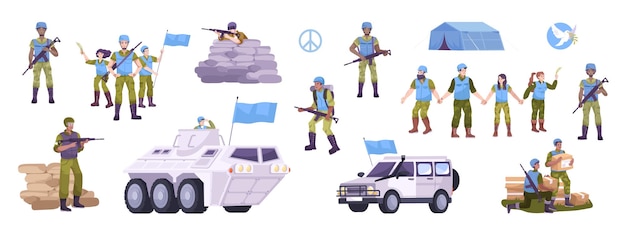 Free Vector peacekeepers flat icon set with military in uniform and with flags tanks and military vehicles tents and uniforms vector illustration