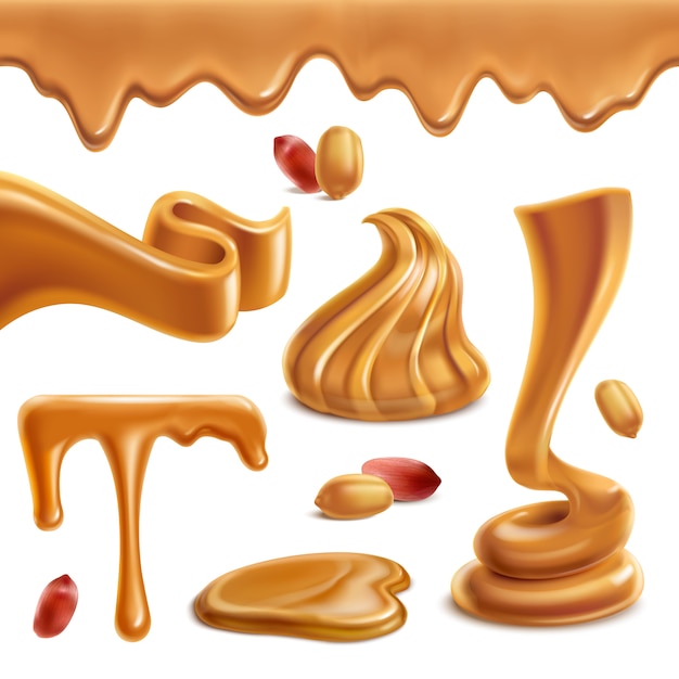 Peanut butter spread paste funny spiral figures melted puddles horizontal border roasted nuts realistic set