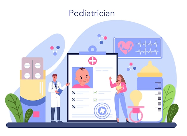 Pediatrician concept Doctor examining a child with stethoscope Idea of health and medical treatment for kids Flu treatment and vaccination Isolated flat vector illustration