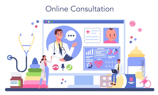 Pediatrician online service or platform set Doctor examining a child with stethoscope Idea of health and medical treatment for kids Online consultation Flat vector illustration