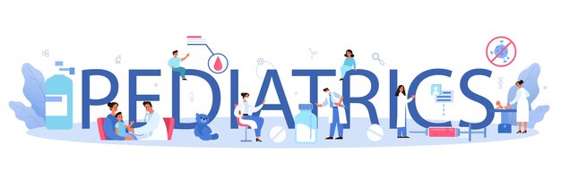 Pediatrics typographic header Doctor examining a child with stethoscope Idea of health and medical treatment for kids Flu treatment and vaccination Isolated flat vector illustration