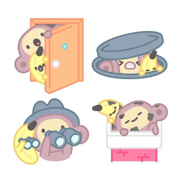 Free Vector peeking stickers collection with monkey and banana