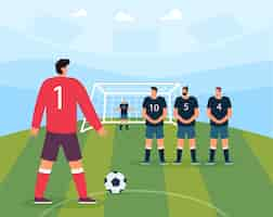 Free vector penalty kick of soccer player on field of stadium. male goalkeeper and team of defenders defending gate from pitch and ball hit flat vector illustration. penalty shot, football match, league concept