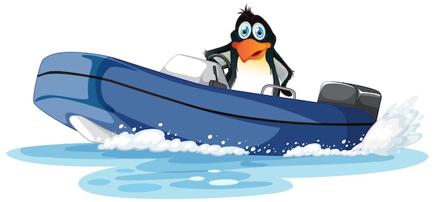 Penguin on a speed boat in cartoon style