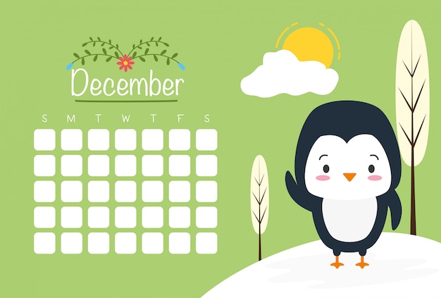 Penguin with calendar, Cute animals, flat and cartoon style, illustration