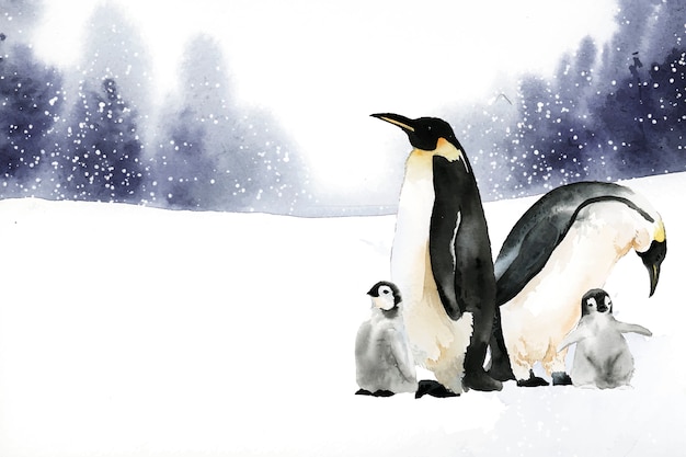 Free Vector penguins in a winter wonderland watercolor vector