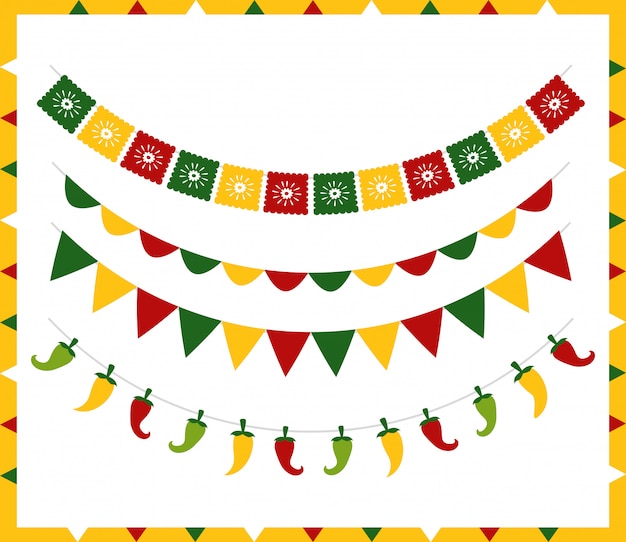 pennants with differents Mexican symbols over white 