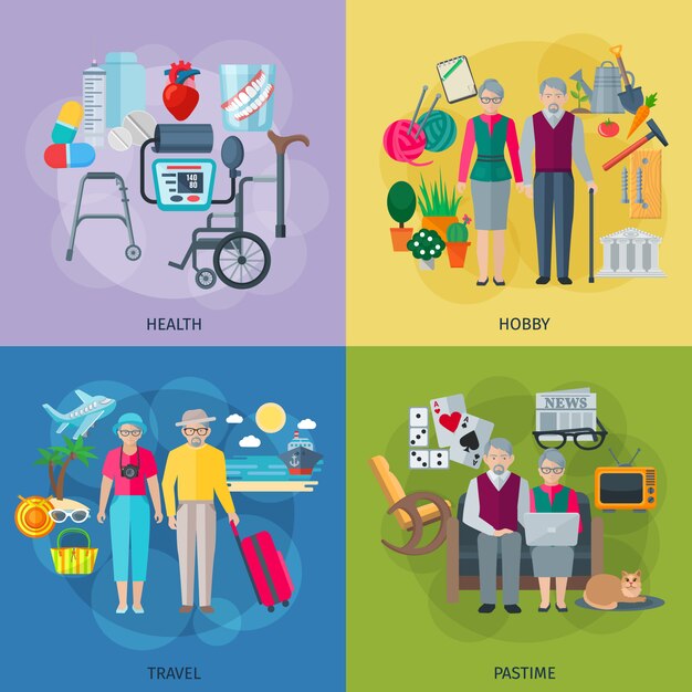  Pensioners life concept icons set with health hobby travel and pastime symbols 