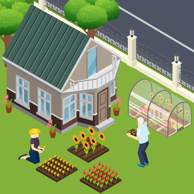 Free Vector pensioners near own home during work in garden isometric