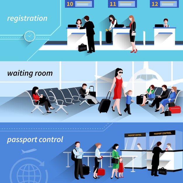 People in airport horizontal banners set with waiting room elements isolated 