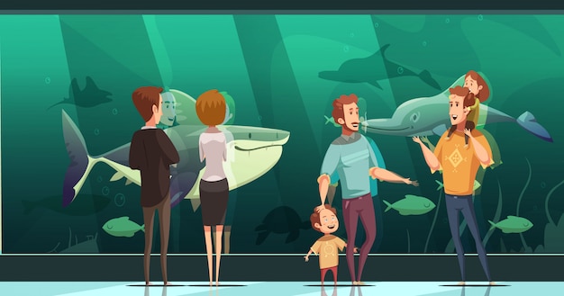 Free Vector people in aquarium design composition with adults and children looking at floating fishes flat vector illustration 