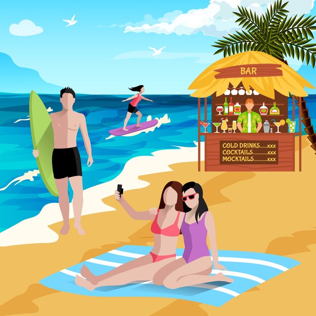 People on beach background with faceless human characters of board surfers vacationers making selfies with beach bar 