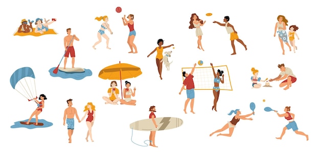 Free Vector people on beach isolated set characters at sea